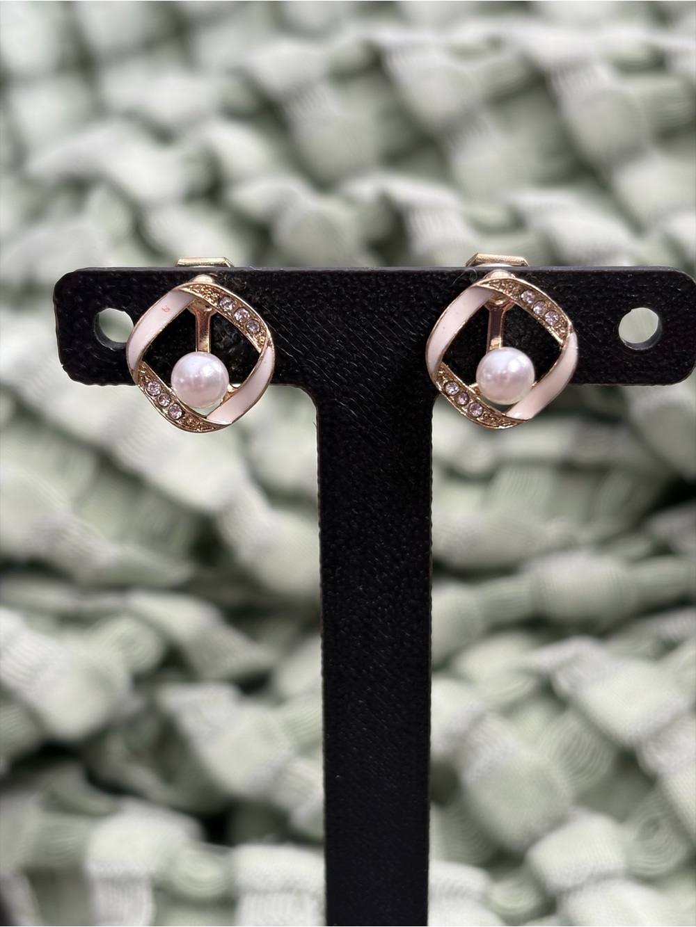 Gold-Tone Pearl Rhinestone Enamel Clip-On Earrings
